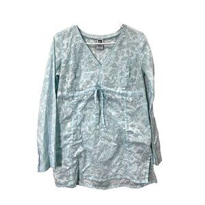 REI Top Womens S Tunic Blue Long Sleeve Burnout Tie Waist Semi Sheer Babydoll